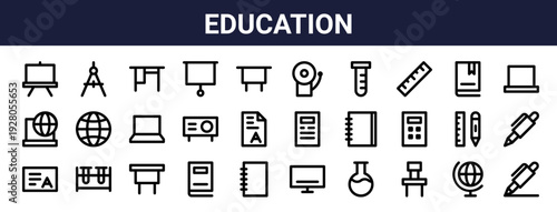 Set of 30 thin line education icons including whiteboard, book, notebook, presentation, pencil, ruler, calculator, laptop. Outline vector illustration for web and UI design