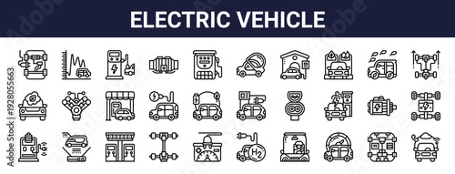 Set of 30 thin line electric vehicle icons including battery, charging, drivetrain, motor, catalytic converter. Outline vector illustration for automotive technology web design