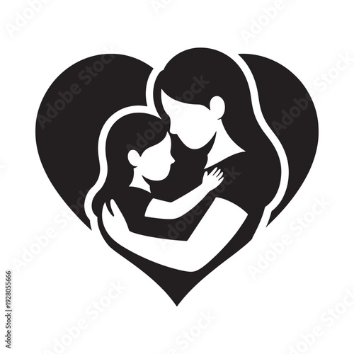 A black and white silhouette depicts a mother embracing her child within a heart shaped outline