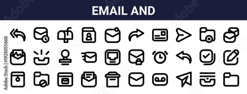 Set of 30 thin line email and communication icons including mailbox, contact, reply all, message, envelope, send. Outline vector illustration for web and UI design
