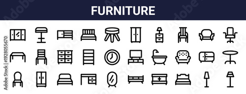 Set of 30 thin line furniture icons including wardrobe, desk, mirror, bed, bath tub, dresser, chair, table, sofa. Vector outline web illustration pack