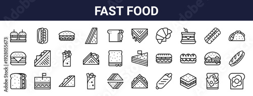 Set of 30 thin line fast food icons including hamburger, burrito, sandwich, hotdog, cheeseburger, taco, croissant. Outline vector illustration for web design and restaurant menu