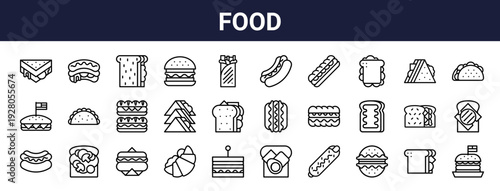 Set of 30 thin line food icons including sandwich, hamburger, hotdog, croissant, burrito, taco. Editable stroke vector illustration for web and app design