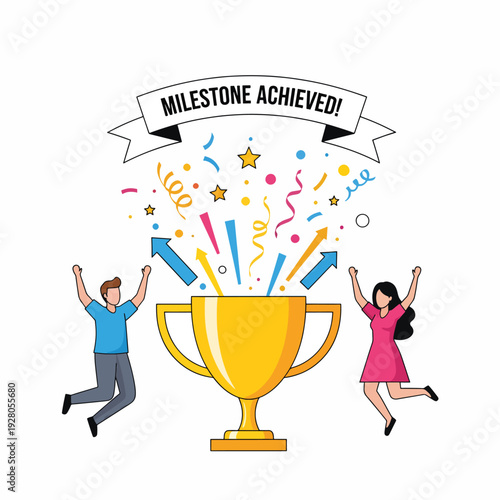 Man and Woman Celebrating Achievement with Trophy.