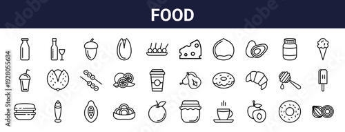 Set of 30 thin line food icons including milk bottle, spaghetti, orange, pistachio, doughnut, honey, avocado, coffee, cheese, burger. Outline vector illustration