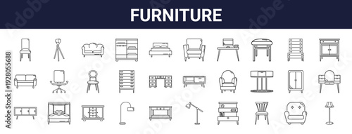 Set of 30 thin line furniture icons including chair, sofa, desk, armchair, bed, lamp, cabinet, table. Vector illustration for interior design and home decor projects
