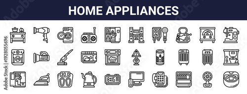Set of 30 thin line home appliance icons including gas stove, kettle, digital clock, radio, speaker, heater, microwave, refrigerator. Vector illustration