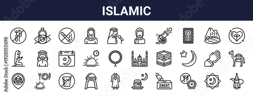 Set of 30 thin line Islamic religion icons including prayer, mosque, kaaba, fasting, headwear, garment. Outline vector illustration for web and apps