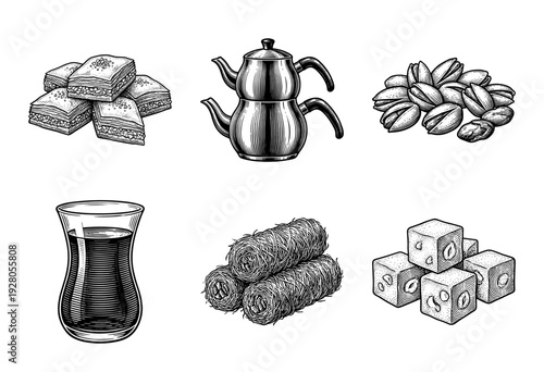 Traditional Turkish tea and oriental sweets collection featuring baklava and kadayif in vintage woodcut engraving style