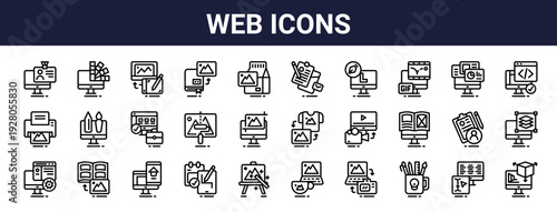Set of 30 thin line web icons including business card design, sketch tools, magic tool, book, videography, resume, cv, portfolio, photography. Outline vector illustration
