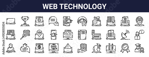 Set of 30 thin line web icons including computer, website, alert, responsive, browser, internet, technology, network. Vector outline illustration