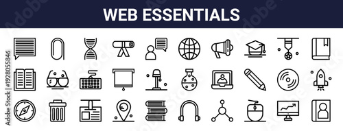 Set of 30 thin line web icons including chat, map location, books, certification, laptop, computer, education, business. Outline vector illustration