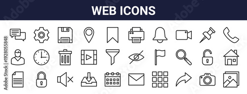 Set of 30 thin line web icons including chat, download, calendar, location, security, camera, user, settings. Outline vector illustration for web and mobile UI