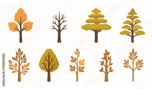 Decorative fall tree icons vector collection with seasonal landscape elements