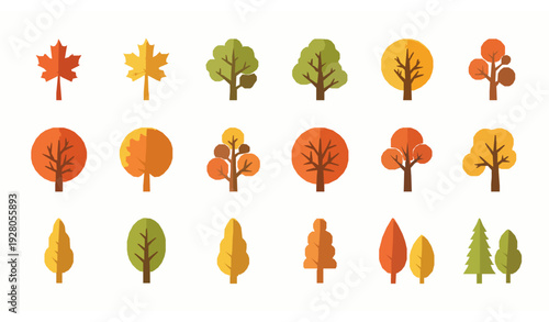 Autumn tree icons collection with colorful fall foliage flat vector set