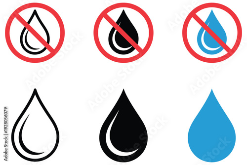 No oil and no water icons set, liquid drop prohibition symbols, oil and water restriction signs, safety and warning concept, editable vector