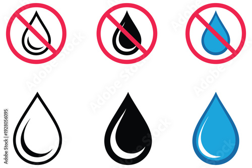 No liquid drop prohibition icon set, oil and water forbidden symbols, no oil, no water, and drop restriction signs, editable vector graphics, flat and stroke style, modern safety