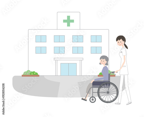 病院にいる車いすのシニア女性と看護師