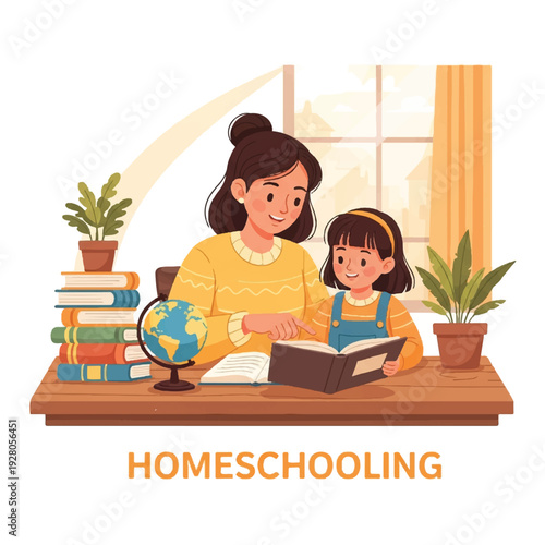 A smiling woman and a young girl sitting at a desk with books and a globe, engaged in homeschooling in a cozy room with a window. Perfect for education, learning materials, and parenting