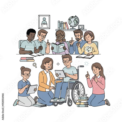 A diverse group of people with and without disabilities engaging in various activities with laptops and books in a colorful illustration. Perfect for education, e-learning materials,