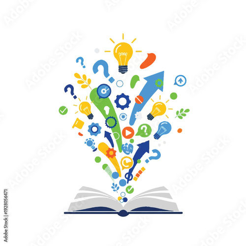 A digital illustration of a book with colorful icons, symbols, and question marks rising from the pages, set against a white background. Perfect for education, infographics, and