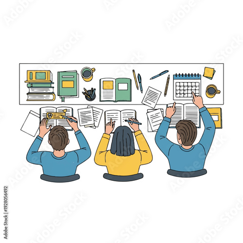 Three students sitting at a desk studying with books and papers, surrounded by school supplies on a white background. Perfect for education, learning materials, and textbooks.