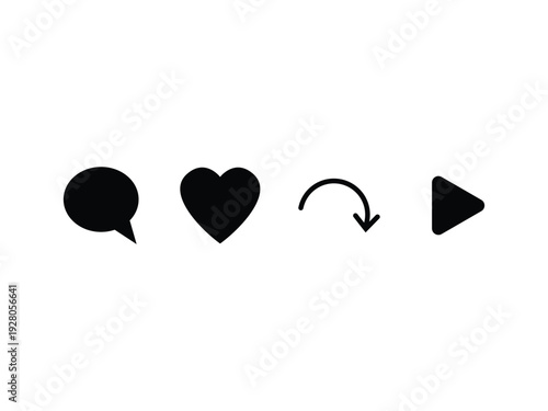 Social media interaction icons: comment, heart, refresh, play. Vector set for likes, engagement, content sharing, and video playback.