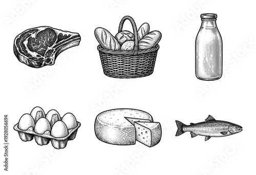 Vintage woodcut style collection of grocery food items featuring meat, bread, dairy, eggs, cheese, and fish in detailed black and white engraving
