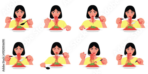 Woman eating spaghetti with sauce and basil