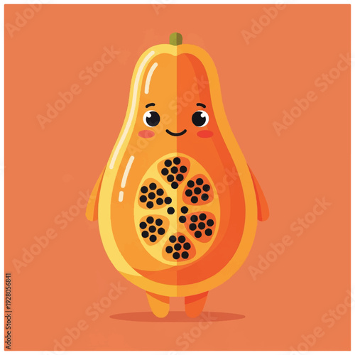 A cartoon illustration of a smiling orange pear with a green stem and seeds on an orange background. Perfect for food, education, and marketing content.