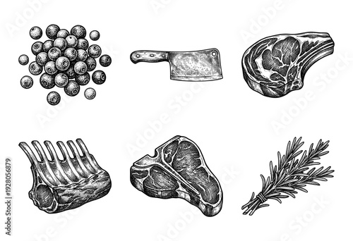 Vintage hand drawn engraving set of meat cuts including ribeye, t-bone, rack of lamb, butcher cleaver, rosemary sprigs, and peppercorns.
