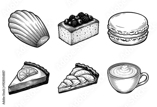 Vintage hand drawn engraving of assorted bakery treats and coffee collection including macarons tarts and cakes