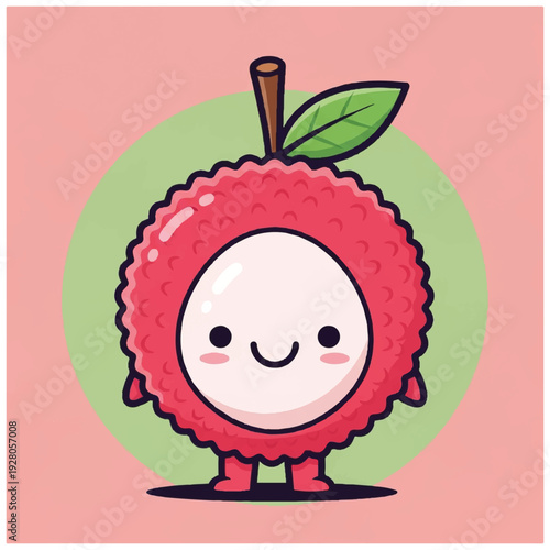 A cheerful cartoon lychee character with a smiling face, standing on a pink background with a green circle. Perfect for children's books, stickers, and greeting cards.