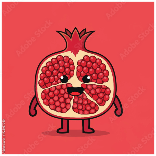 A cartoon pomegranate character with a smiling face, cut open to reveal its seeds, standing on a red background. Perfect for food illustrations, health blogs, and educational materials.