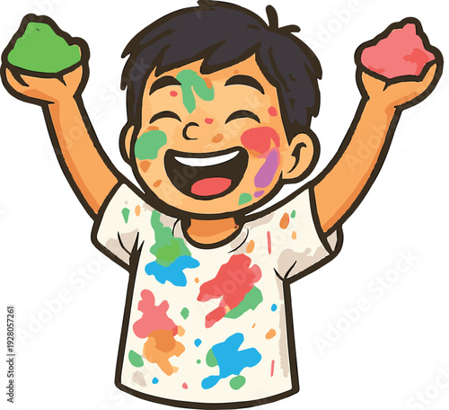 A joyful young boy with black hair, his face smeared with vibrant colors of green, blue, pink, and yellow powder. He is wearing a white t-shirt splattered with the same colorful powders