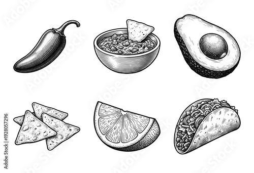 Mexican food collection featuring hand drawn engraving style illustrations of taco, guacamole, avocado, lime, chili pepper, and tortilla chips.