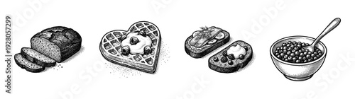 Set of breakfast food illustrations including sliced rye bread heart shaped waffle smorrebrod toasts and a bowl of berries in a vintage woodcut engraving style