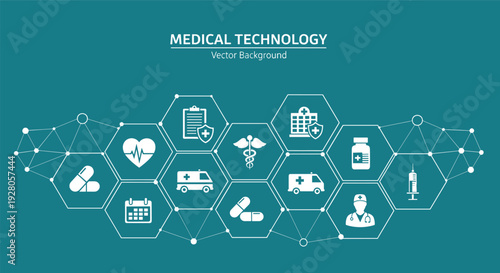 Medical technology vector background with hexagon network containing ambulance, hospital, pills, doctor, and heartbeat icons, cad drawing flat vector illustration.