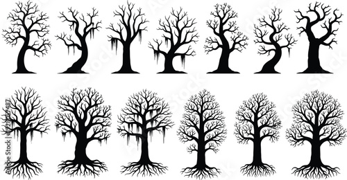 Spooky dead tree silhouettes set with bare branches, roots, and gnarly trunks for Halloween landscape decor, cad drawing flat vector illustration.