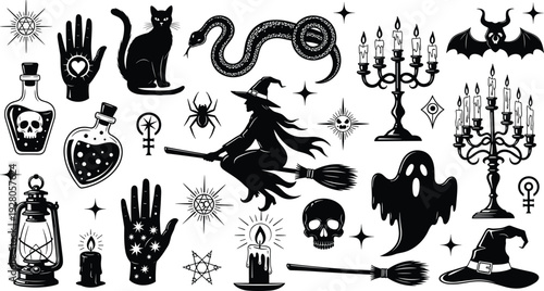 Witchcraft mystical silhouette set with witch, black cat, snake, skull potion, ghost, bat, and candelabra, cad drawing flat vector illustration.