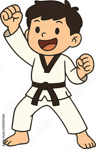 A cartoon illustration of a young boy in a white taekwondo uniform with a black belt, striking a dynamic pose.