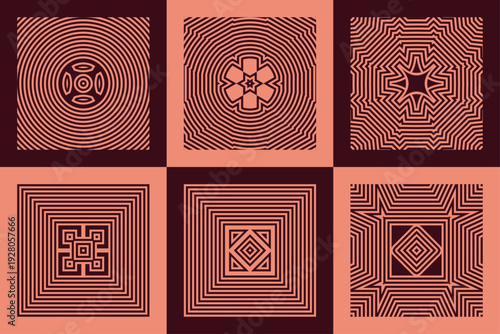 Abstract geometric concentric line pattern set with retro optical square designs in a warm, earthy terra cotta color palette vector collection.