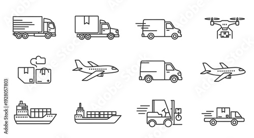 Logistics and Global Transportation Line Icons Set, Including Trucks, Airplane, Ship, and Drone on Isolated White Background