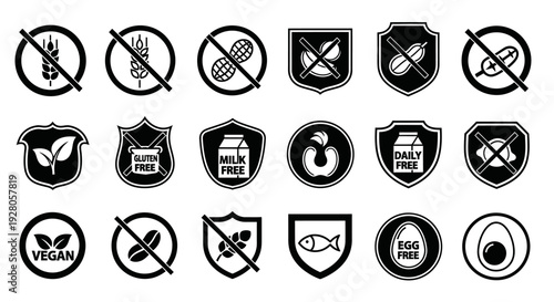 Comprehensive Set of Dietary and Allergy Restriction Shield Icons including Gluten-Free, Milk-Free, Vegan, and Egg-Free on Isolated White Background