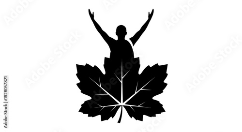 Silhouette of a Triumphant Person with Arms Raised, Standing on a Maple Leaf, Symbolizing Freedom and Nature on Isolated White Background