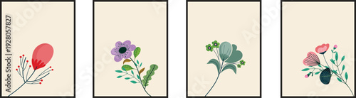 Modern Floral Illustration Set with Abstract Botanical Prints in Neutral Tones. Minimal Framed Wall Art Perfect for Home Decor, Living Room Styling, Bedroom Interiors and Gallery Walls.