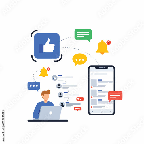 Man Using Laptop with Social Media Notifications.