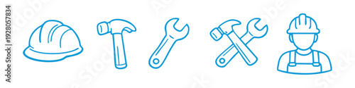 Construction and repair service icon set featuring a hard hat, hammer, wrench, and worker in blue line art style on a white background.