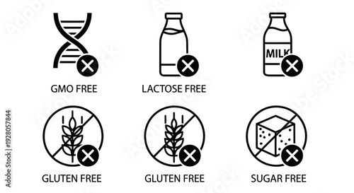 Dietary Restriction and Allergen Free Icons Set for Food Packaging including GMO Free, Lactose Free, Gluten Free, and Sugar Free on Isolated White Background