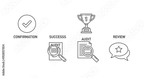 Business Process and Achievement Icons Set including Confirmation, Success, Audit, and Review on Isolated White Background